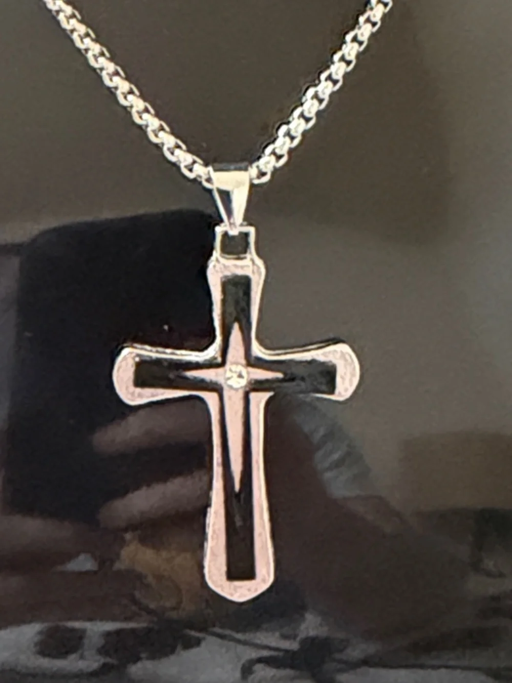 NWT Men’s Stainless Steel Two-Tone Layered Cross Necklace Silver Black